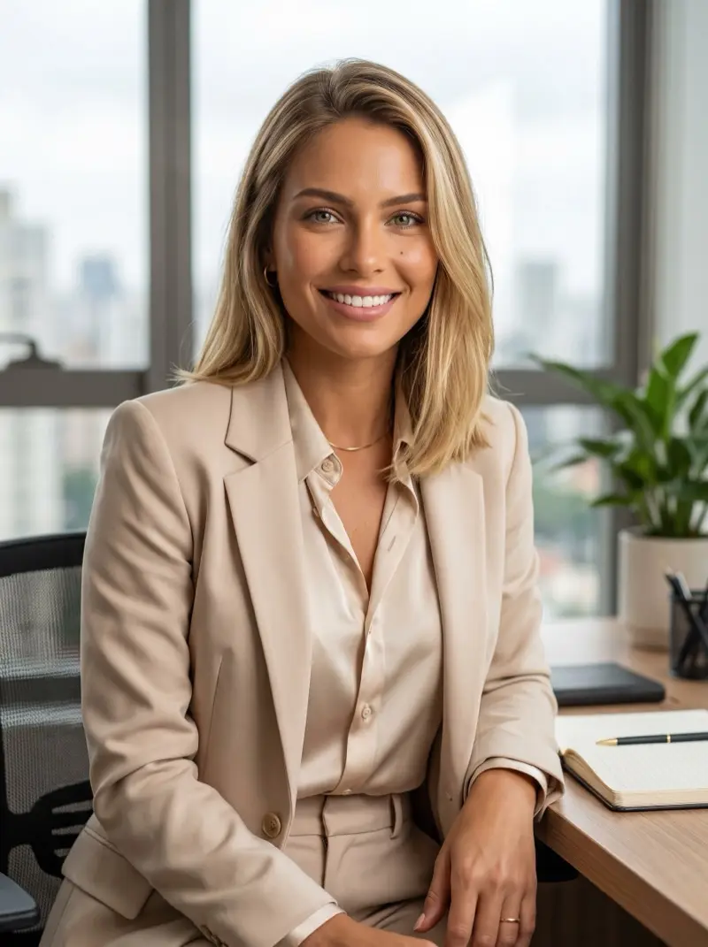 Retrato da Lia, personagem criada com IA que atende pela VitrineIA